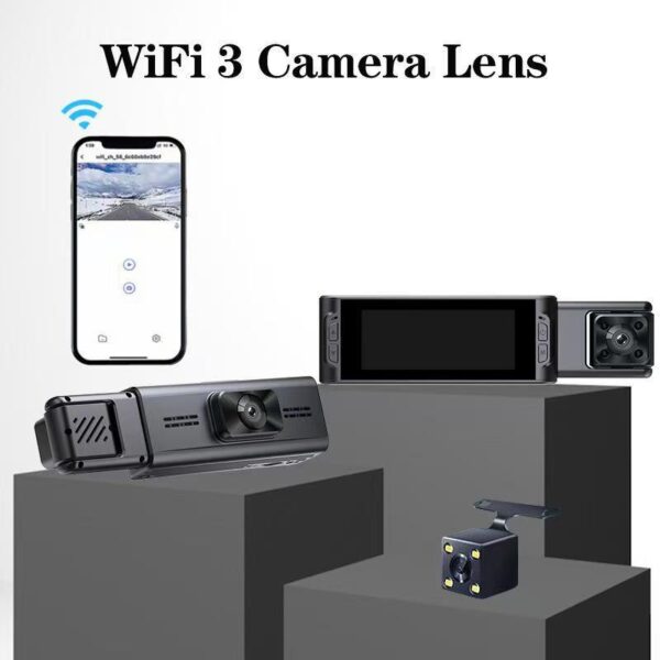 1080P Triple Lens Dash Cam, Ultra-Wide Angle HD Night Vision, WiFi Front and Rear Car Camera, Interior Full-Screen Recording. - 图片 4