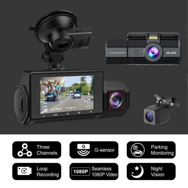 4K Triple Recording Dash Cam, WiFi Infrared Night Vision, GPS Tracking, Three-Lens Reverse Camera, Car Surveillance Recorder.