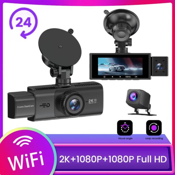 2K Triple Recording Dash Cam, GPS Tracking, Wide Angle Night Vision, Three-Lens WiFi Recorder, Reverse Visibility Car Monitor.