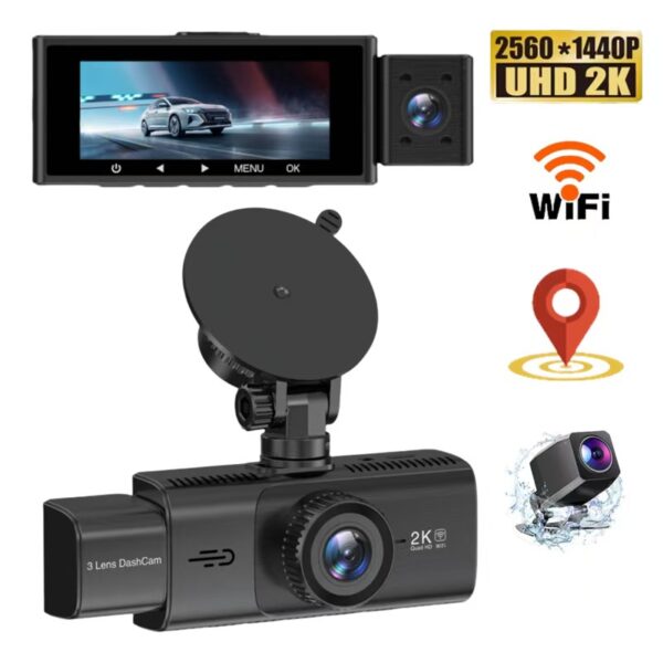 2K Triple Recording Dash Cam, GPS Tracking, Wide Angle Night Vision, Three-Lens WiFi Recorder, Reverse Visibility Car Monitor. - 图片 4