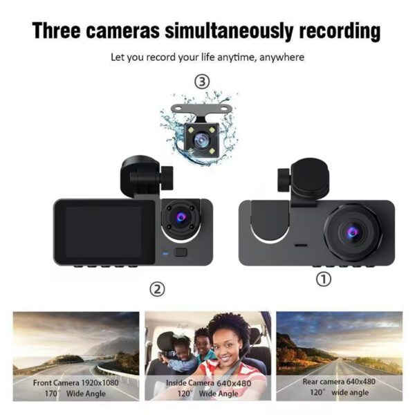 Triple Recording Dash Cam, HD WiFi, Infrared Night Vision, Loop Recording, Three-Lens Car Recorder. - 图片 4