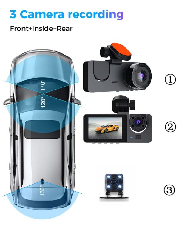 Triple Recording Dash Cam, HD WiFi, Infrared Night Vision, Loop Recording, Three-Lens Car Recorder. - 图片 7