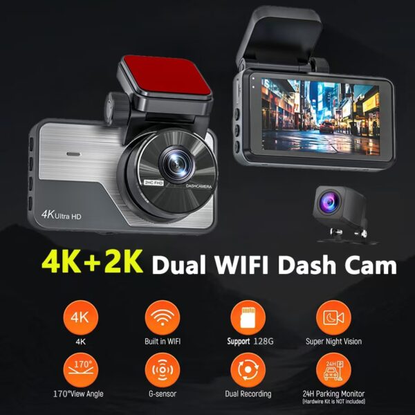 4K HD Dash Cam, Front and Rear Dual Recording, 3-inch Screen, 2K Rear View Night Vision, Car Recorder with Time-Lapse Function. - 图片 2