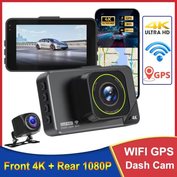 4K HD Dash Cam, Dual Lenses, WiFi Smartphone Connectivity, Dual-Camera Car Recorder, Reverse Camera.