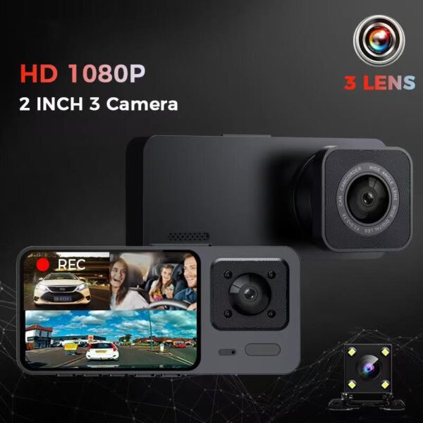 S10 Triple Lens Dash Cam, Front, Interior, and Rear Triple Recording, HD 2.0-inch Night Vision, Wide-Angle Parking Monitor Camera.